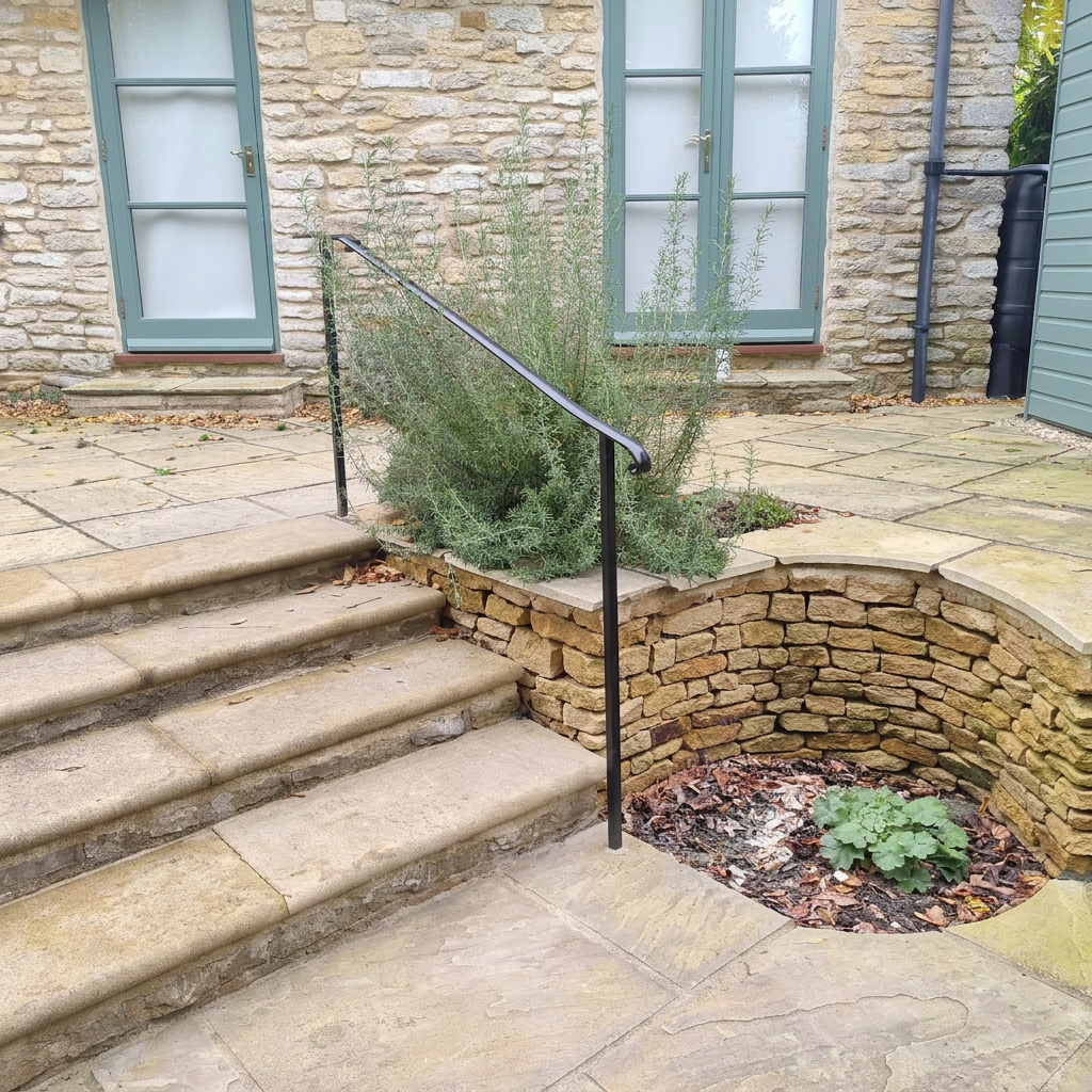 Black metal handrail fitted beside stone garden steps and a curved dry stone wall